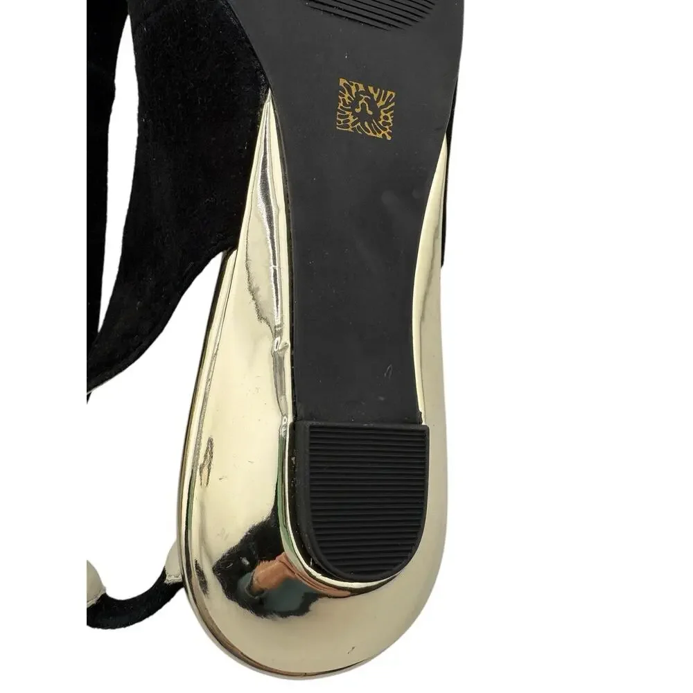 Anne Klein AK Farrah Black Suede Gold Stud Bow Slingback Heels Sz 6 M NWOB